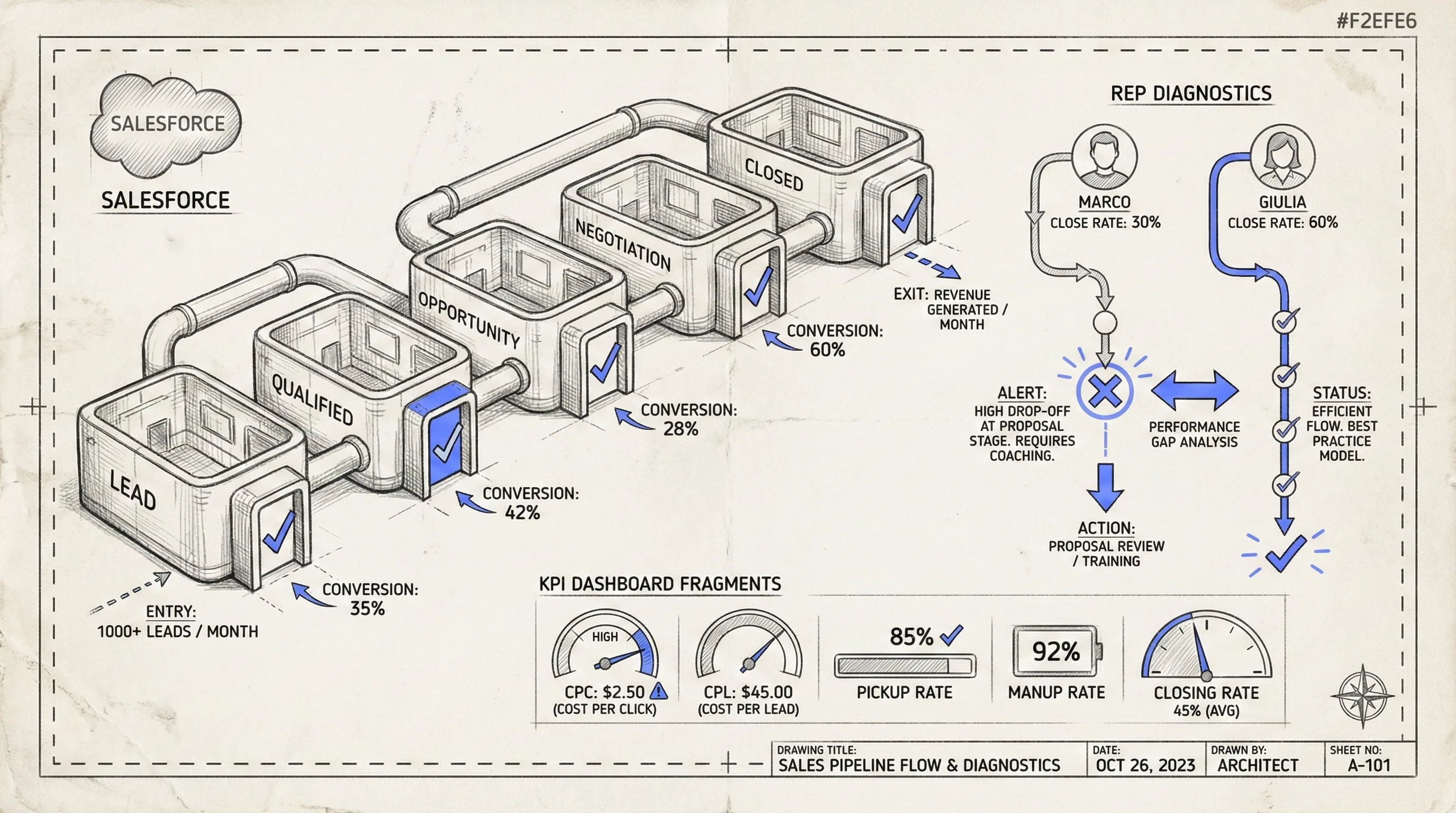 Salesforce sales system — 6-stage funnel with KPIs by department