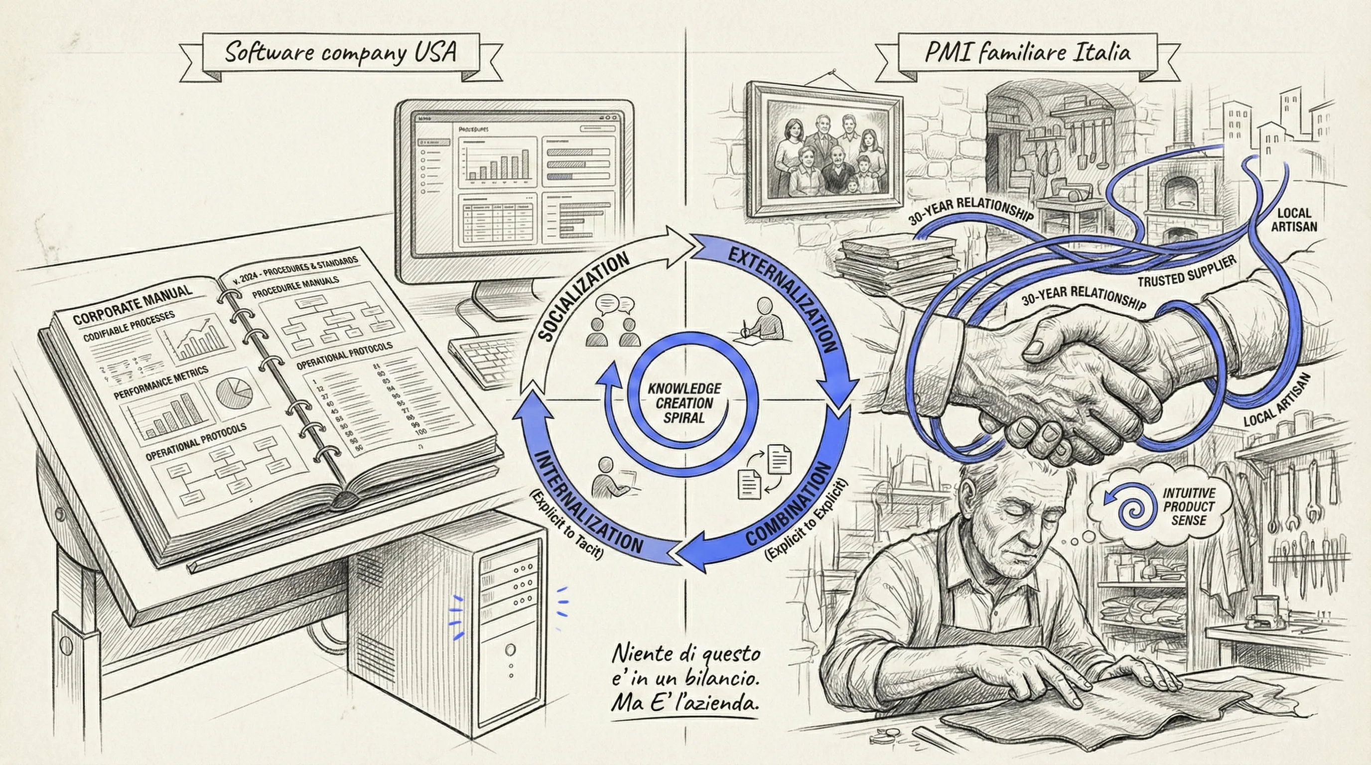 Tacit vs explicit knowledge — Nonaka and Takeuchi SECI model