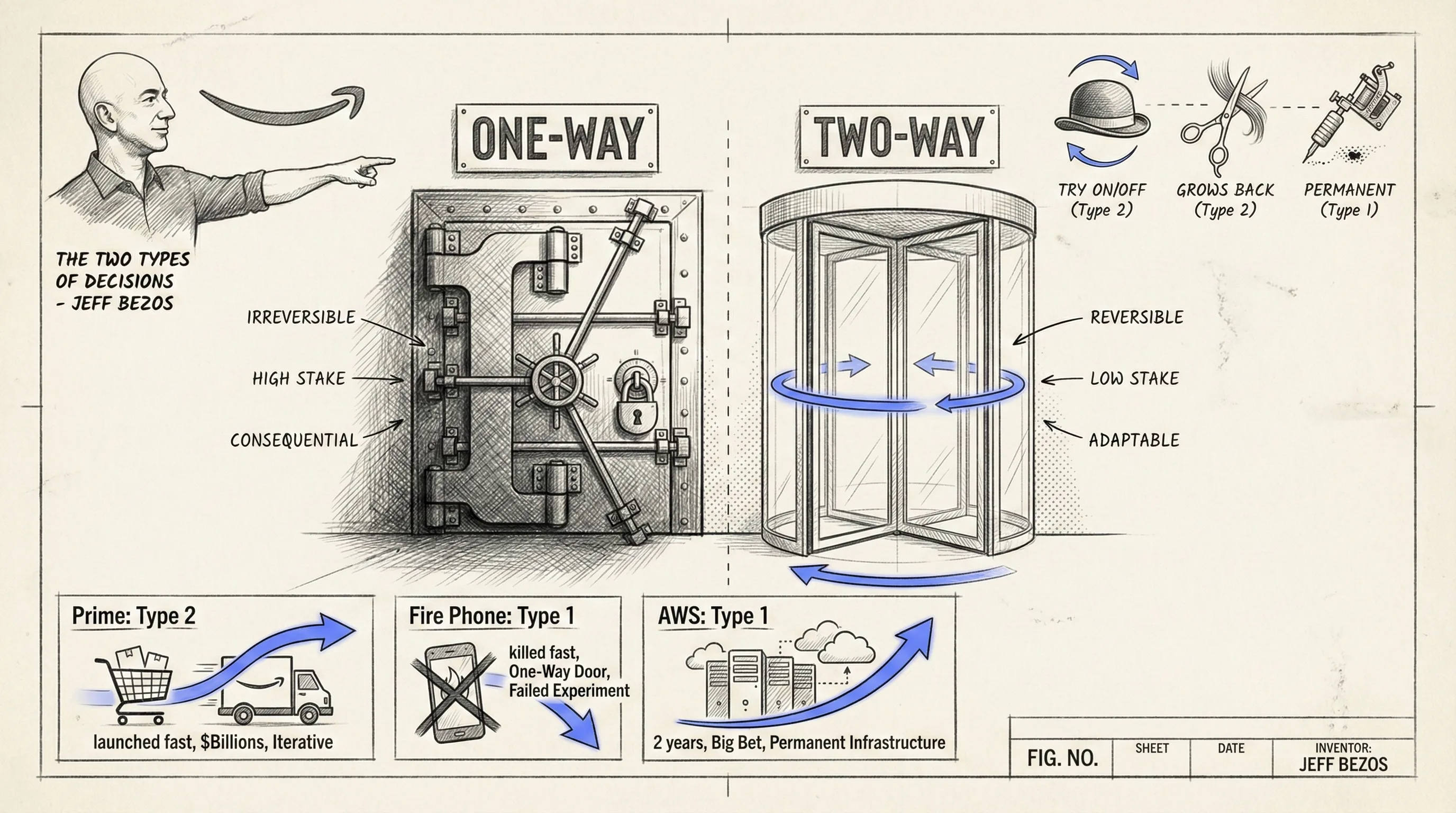 Two doors — one locked with a padlock (irreversible), one revolving (reversible)