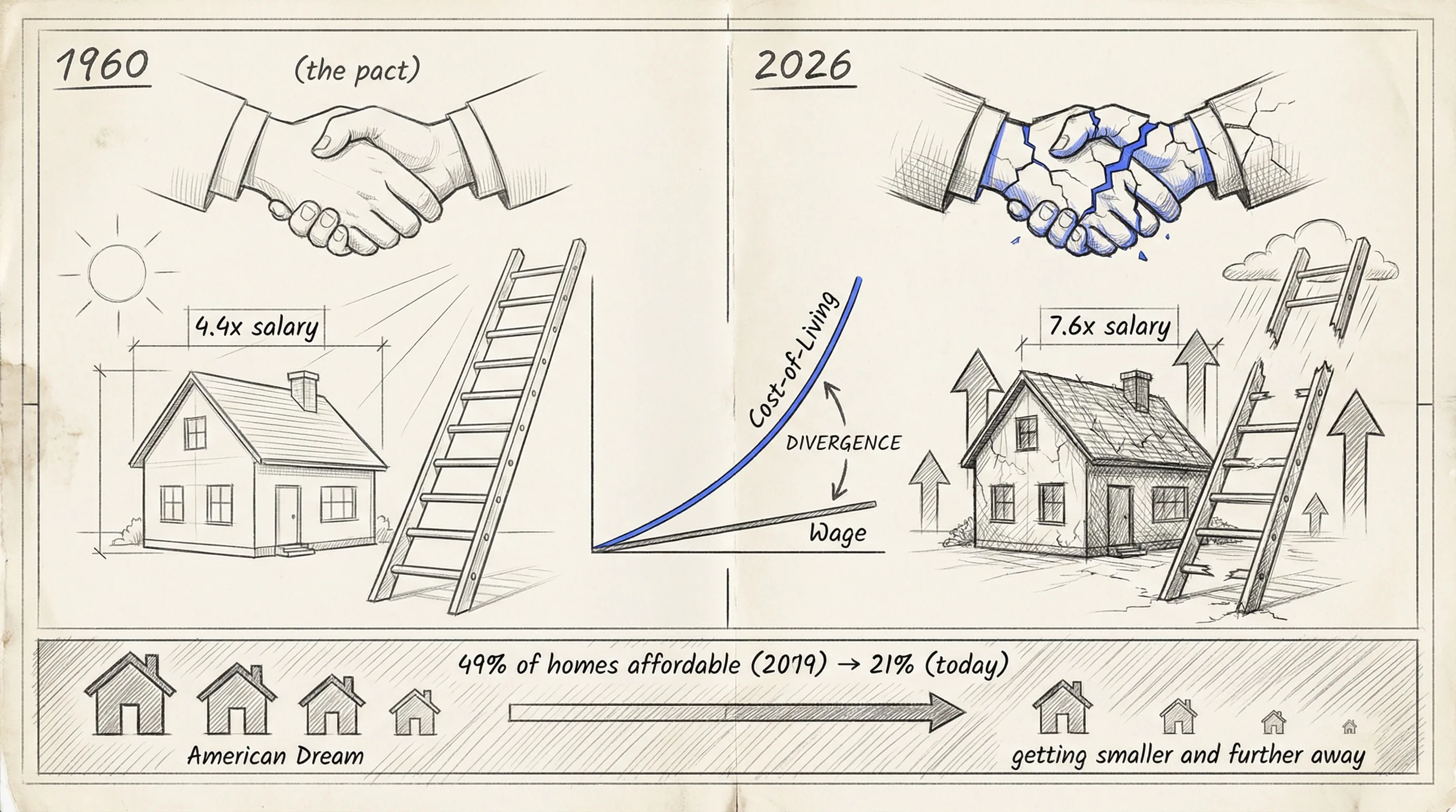 The broken pact — from 1960 to today, housing cost vs salary